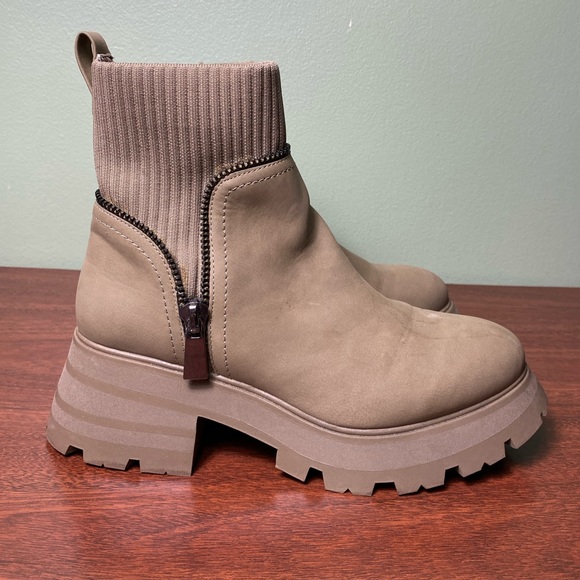 Call It Spring | Khaki Beige Chunky Zipper Sock Detail “Vesperr” Boots - 10 - Picture 2 of 11